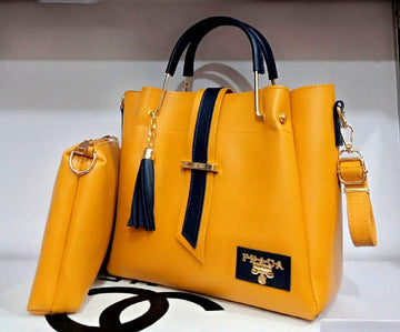 Yellow Handbag Set with Navy Tassel for Women