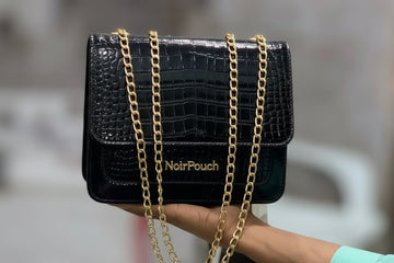 Black Croc Leather Shoulder Bag with Gold Chain for Women