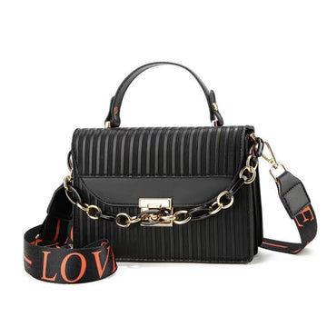 Black Striped Shoulder Bag with Gold Chain