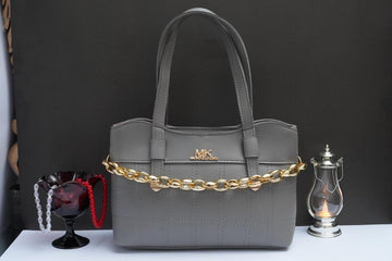 Grey MK Logo Quilted Handbag with Gold Chain Strap