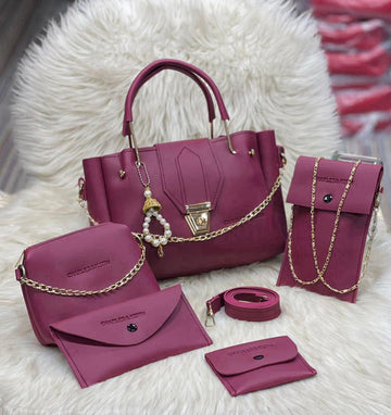 Maroon Leather 5-Piece Handbag Set for Girls